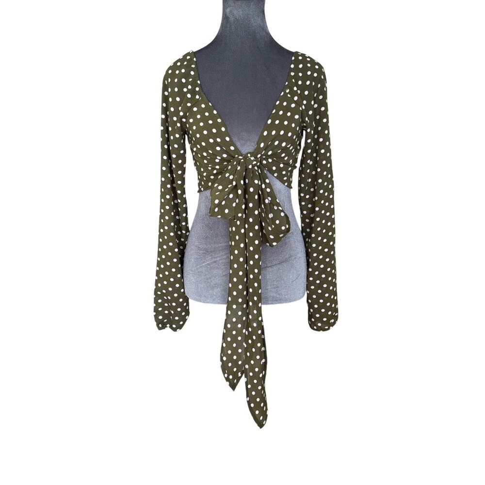 Polka Dot Olive Long-Sleeve Tie Front Crop Top By Cotton Candy LA - Womens S